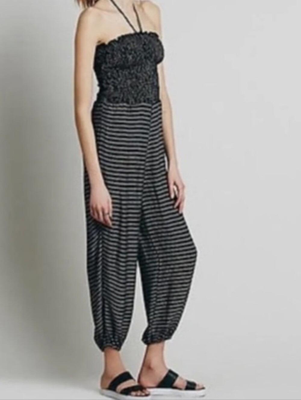 Free People Black and White Strapless Smocked Jumpsuit Size M